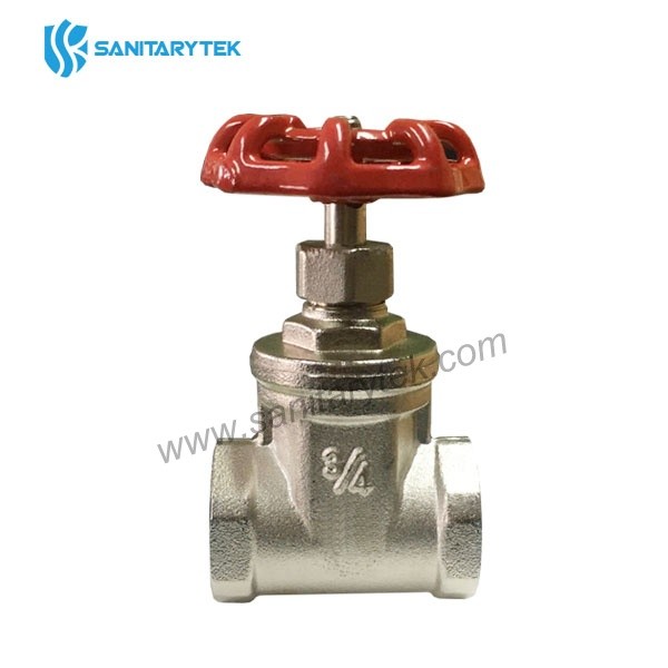 Brass gate valve F/F, red iron handle, nickel plated