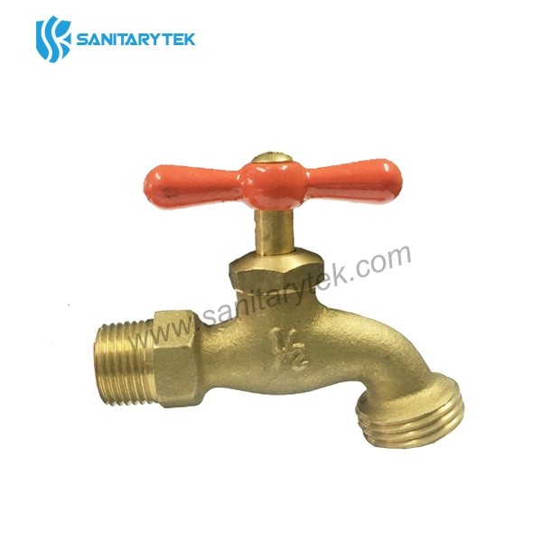 Brass hose bibb valve with red handle - Image 2