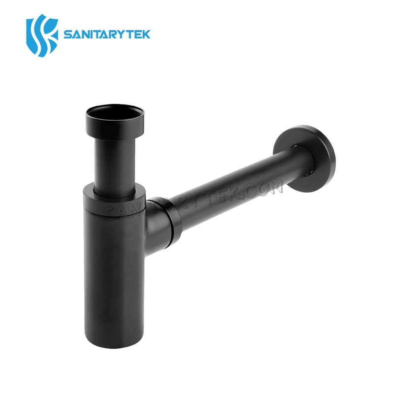 Brass round bottle siphon with wall outlet, black matt - Image 2