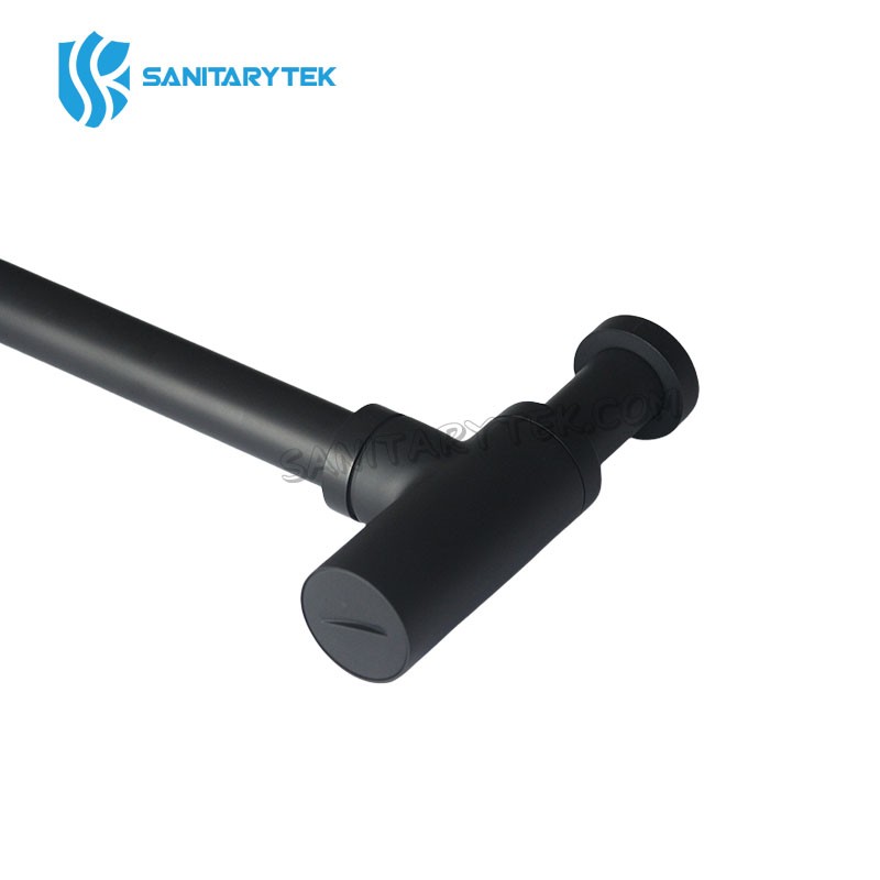 Brass round bottle siphon with wall outlet, black matt