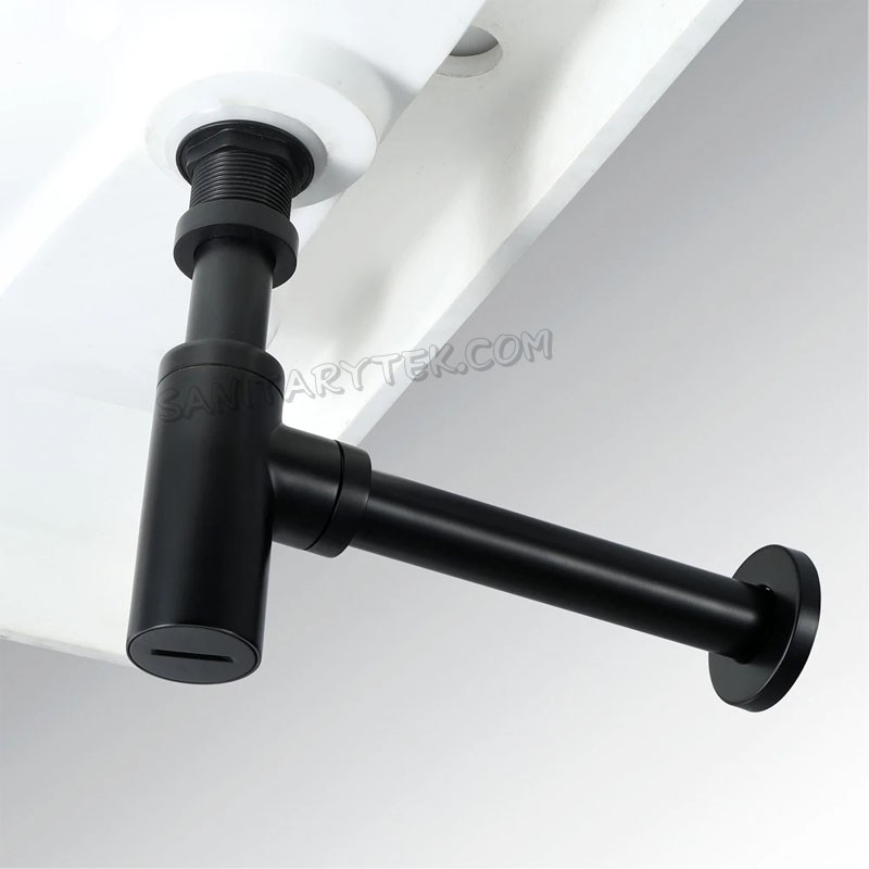 Brass round bottle siphon with wall outlet, black matt