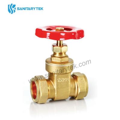 Compression ends brass gate valve, red steel handwheel