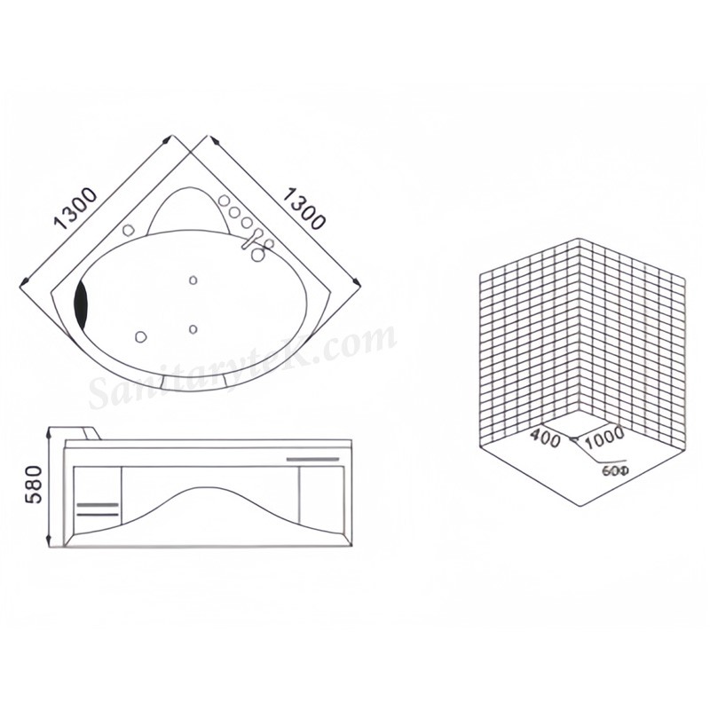 Whirlpool Corner bath tub 130 X 130 cm 1 person