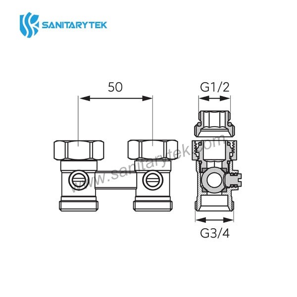 Double valve for bottom connected radiators, straight