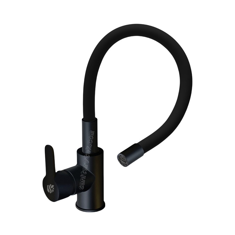 Kitchen single lever sink mixer with flexible spout, all black