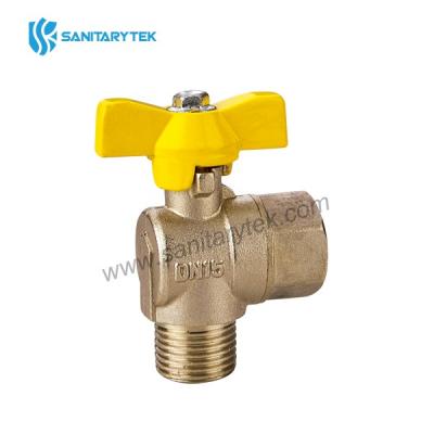 Male/female gas angle ball valve, yellow butterfly handle