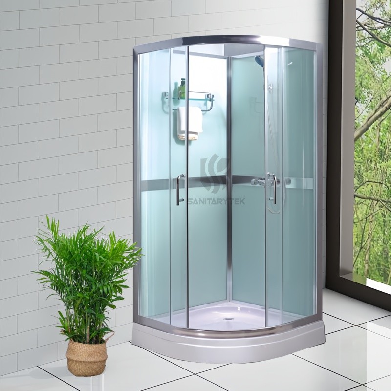 Quadrant shower cabin with back panels and tray
