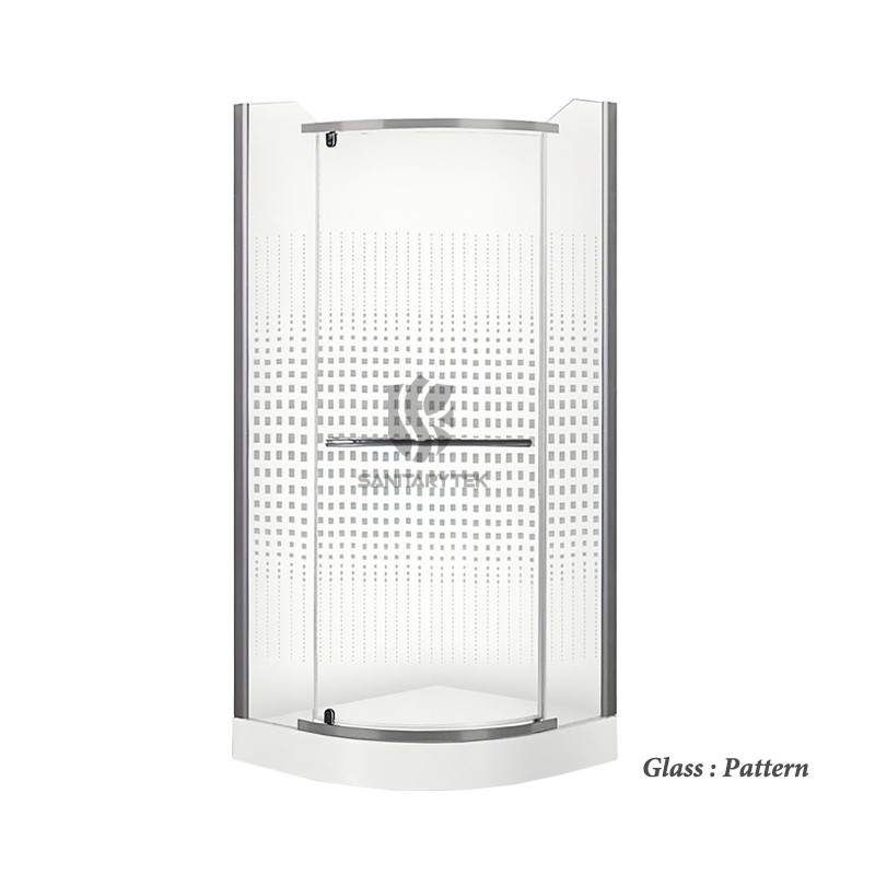 Quadrant shower enclosure with a single opening door and tray