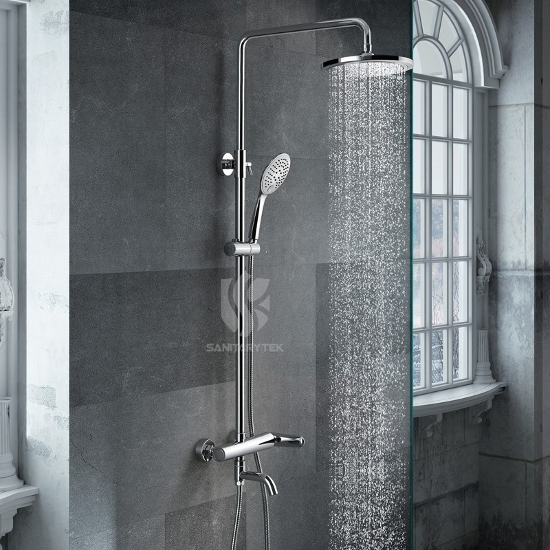 Chrome rainshower set with a shower faucet and bath spout