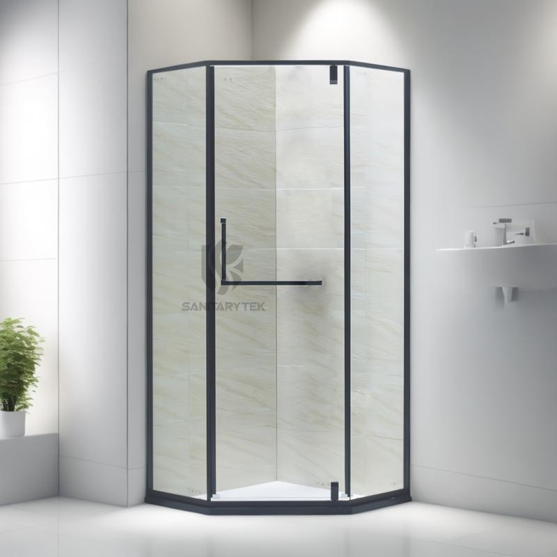 Semi-framed pentagon pivot shower enclosure