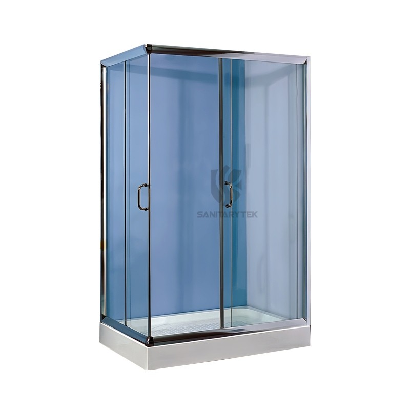 Shower cabin with corner entrance on rectangular shower tray