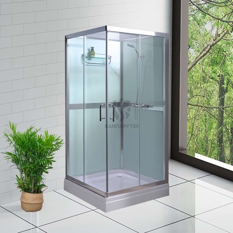 Square shower enclosure with double sliding door
