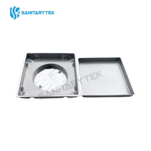 Stainless steel floor drain with screwed grate, tile insert