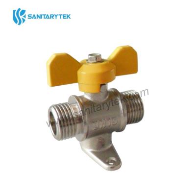 Straight ball valve for gas with feet, Male x Male, yellow butterfly handle