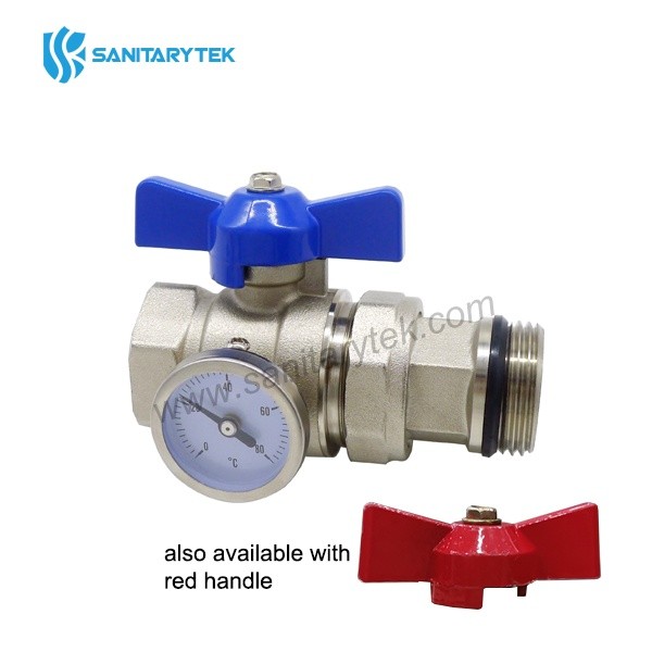 Straight ball valve with pipe union and thermometer, butterfly handle