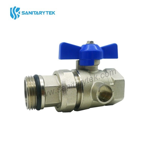 Straight ball valve with pipe union and thermometer, butterfly handle