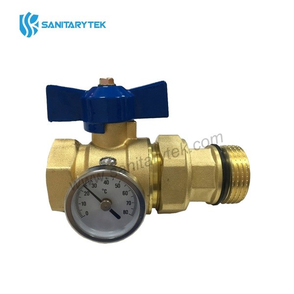Straight ball valve with pipe union and thermometer, butterfly handle