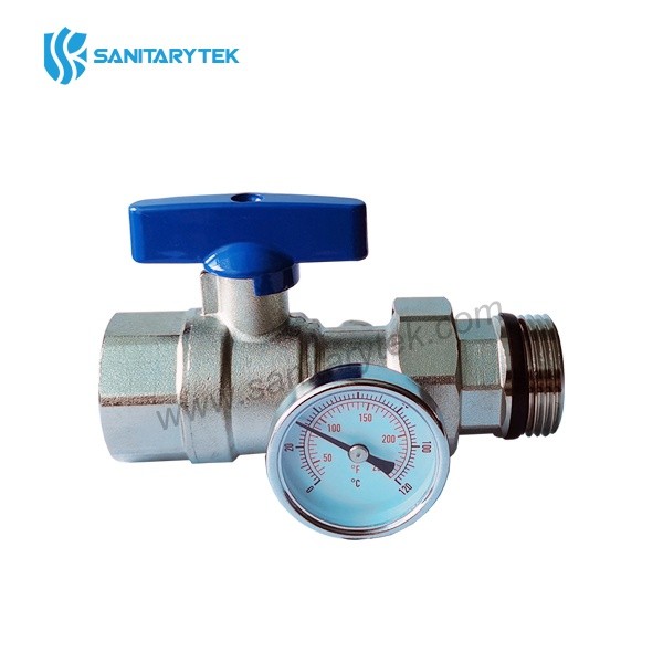 Straight ball valve with thermometer and pipe union, butterfly handle