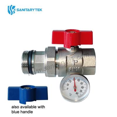 Straight ball valve with temperature gauge and pipe union, butterfly handle