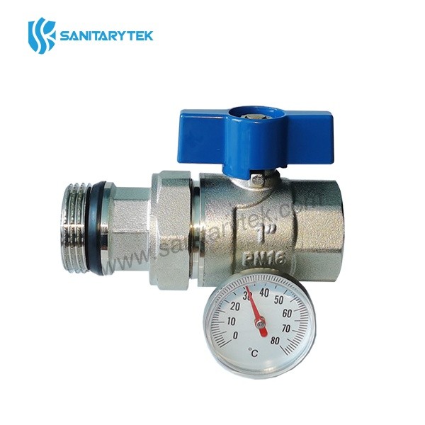 Straight ball valve with temperature gauge and pipe union, butterfly handle