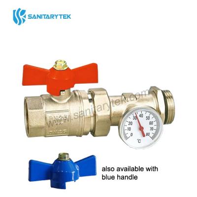 Straight ball valve with thermometer-holder and thermometer