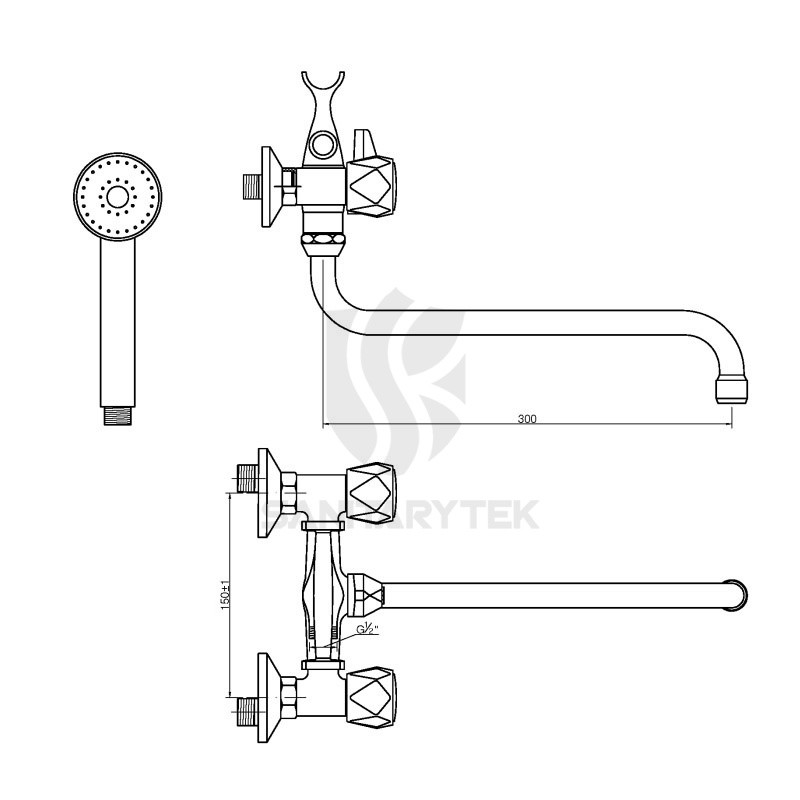 Traditional bath mixer with shower wall mounted long spout - Image 3
