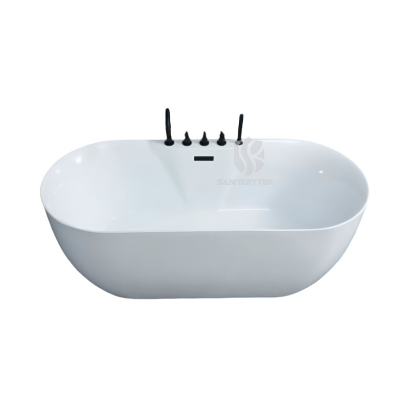 White Acrylic Oval Freestanding Modern Soaking Bathtub with Black 5-Piece Set - Image 2