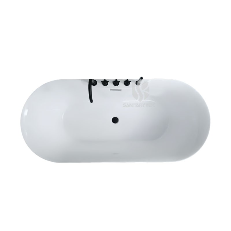 White Acrylic Oval Freestanding Modern Soaking Bathtub with Black 5-Piece Set