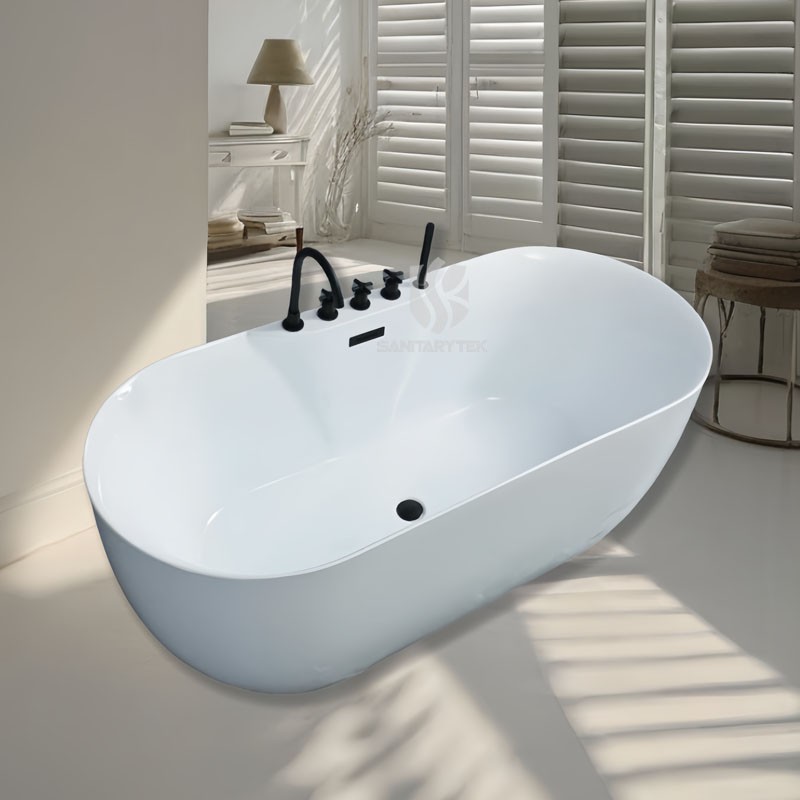 White Acrylic Oval Freestanding Modern Soaking Bathtub with Black 5-Piece Set - Image 4